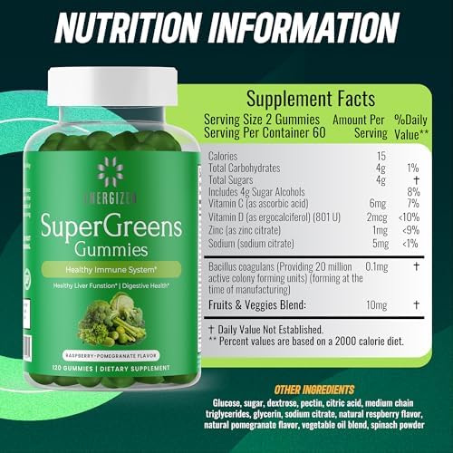 Gomitas Energizen Green Superfood Plus - Apoya el Hígado, Digestión e Inmunidad - Veganas, Sin OGM, Sin Gluten - Sabor Frambuesa y Granada - 120 - imagen 5