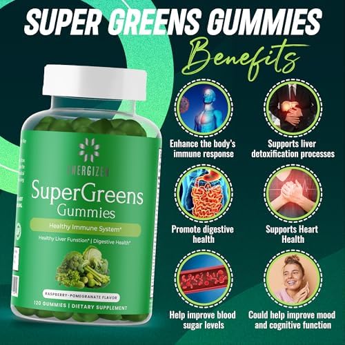 Gomitas Energizen Green Superfood Plus - Apoya el Hígado, Digestión e Inmunidad - Veganas, Sin OGM, Sin Gluten - Sabor Frambuesa y Granada - 120 - imagen 6