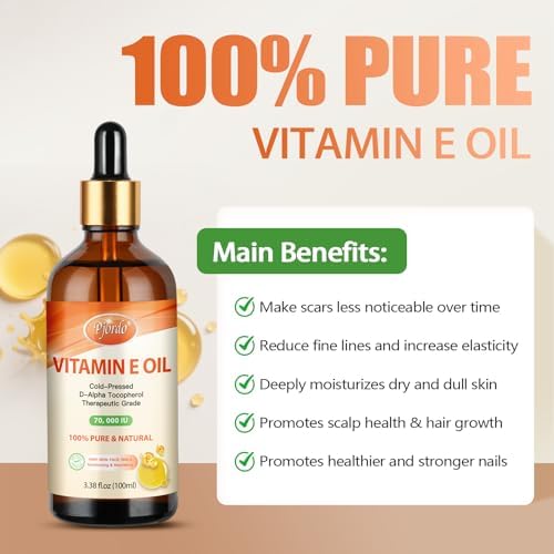 Aceite de Vitamina E Pjordo - 100% Puro y Natural, 70,000 UI de Aceite Orgánico de Vitamina E Frío para Piel, Rostro, Cabello, Uñas y Cicatrices, - imagen 3