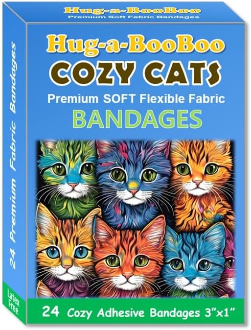 Vendas Flexibles y Suaves Cozy Cats de Hug-a-BooBoo, Sin Látex, Divertidas y Coloridas, Perfectas para Amantes de los Gatos, Caja de 24 Unidades - imagen 1