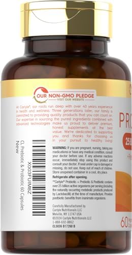 Carlyle Probiótico con Prebióticos y Postbióticos | 25 Mil Millones CFU | 60 Cápsulas | Suplemento Vegetariano, Sin OGM y Sin Gluten para Hombres y - imagen 3