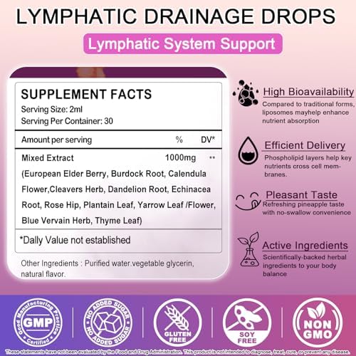 Gotas para Drenaje Linfático Orgánicas, Suplementos de Limpieza Linfática y Soporte Inmunológico con Equinácea, Bardana, Saúco y Diente de León, 2 Fl - imagen 6