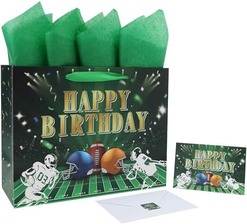 Set de Bolsa de Regalo Grande de Fútbol Qirrmiy de 13” con Asas, Tarjeta de Felicitación, Papel de Seda Verde y Stickers para Hombres, Niños y - imagen 1