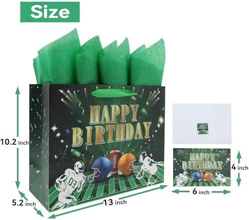 Set de Bolsa de Regalo Grande de Fútbol Qirrmiy de 13” con Asas, Tarjeta de Felicitación, Papel de Seda Verde y Stickers para Hombres, Niños y - imagen 2