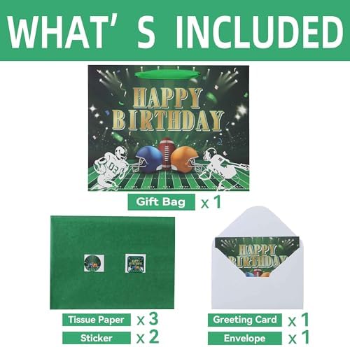 Set de Bolsa de Regalo Grande de Fútbol Qirrmiy de 13” con Asas, Tarjeta de Felicitación, Papel de Seda Verde y Stickers para Hombres, Niños y - imagen 3