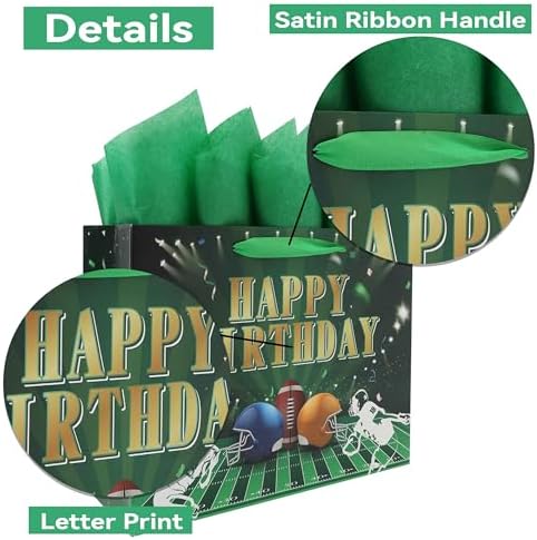 Set de Bolsa de Regalo Grande de Fútbol Qirrmiy de 13” con Asas, Tarjeta de Felicitación, Papel de Seda Verde y Stickers para Hombres, Niños y - imagen 4