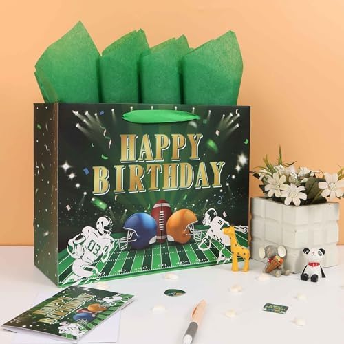 Set de Bolsa de Regalo Grande de Fútbol Qirrmiy de 13” con Asas, Tarjeta de Felicitación, Papel de Seda Verde y Stickers para Hombres, Niños y - imagen 5