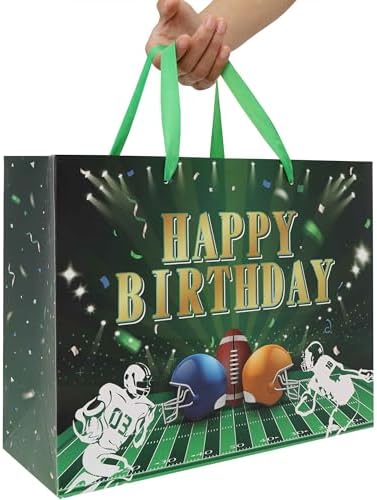 Set de Bolsa de Regalo Grande de Fútbol Qirrmiy de 13” con Asas, Tarjeta de Felicitación, Papel de Seda Verde y Stickers para Hombres, Niños y - imagen 6