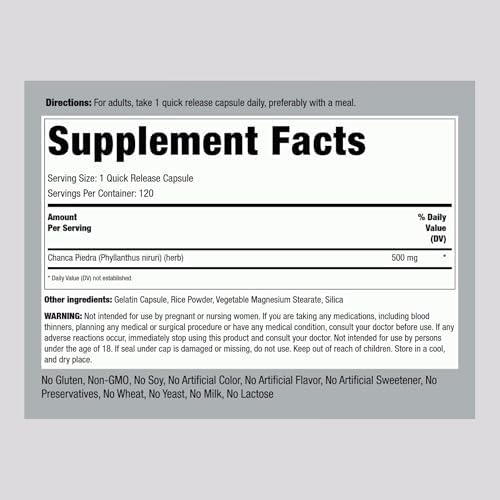 Cápsulas de Chanca Piedra Piping Rock 500mg | 120 Píldoras | Suplemento Herbal | Sin OGM, Libre de Gluten - imagen 2
