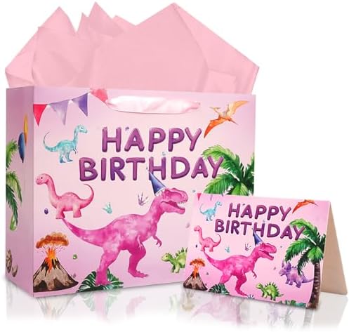 Bolsa de Regalo de Cumpleaños JOCOPUERTO - Bolsa Grande de 13 con Papel de Seda y Tarjeta para Fiesta de Dinosaurios Rosa para Niñas y Niños - imagen 1