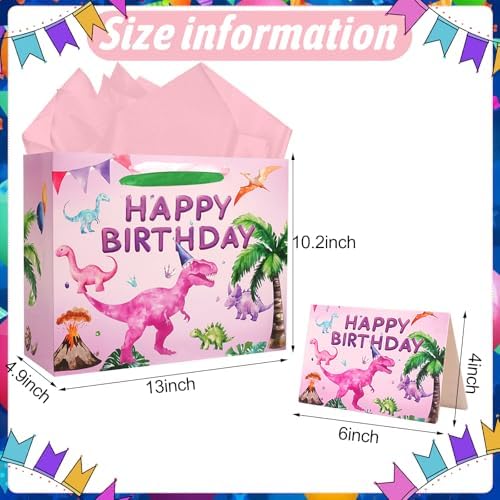 Bolsa de Regalo de Cumpleaños JOCOPUERTO - Bolsa Grande de 13 con Papel de Seda y Tarjeta para Fiesta de Dinosaurios Rosa para Niñas y Niños - imagen 2