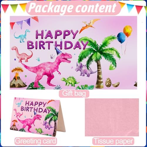 Bolsa de Regalo de Cumpleaños JOCOPUERTO - Bolsa Grande de 13 con Papel de Seda y Tarjeta para Fiesta de Dinosaurios Rosa para Niñas y Niños - imagen 3
