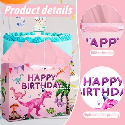 Bolsa de Regalo de Cumpleaños JOCOPUERTO - Bolsa Grande de 13 con Papel de Seda y Tarjeta para Fiesta de Dinosaurios Rosa para Niñas y Niños - imagen 4