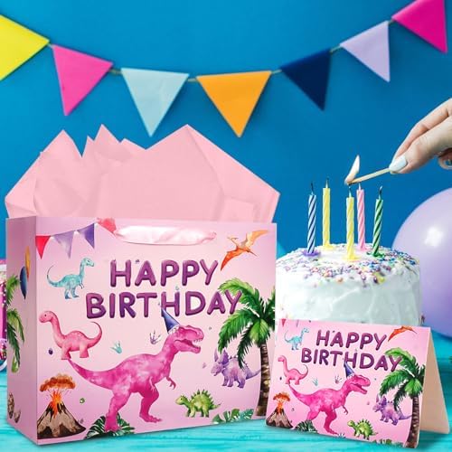 Bolsa de Regalo de Cumpleaños JOCOPUERTO - Bolsa Grande de 13 con Papel de Seda y Tarjeta para Fiesta de Dinosaurios Rosa para Niñas y Niños - imagen 5