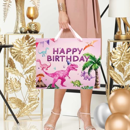 Bolsa de Regalo de Cumpleaños JOCOPUERTO - Bolsa Grande de 13 con Papel de Seda y Tarjeta para Fiesta de Dinosaurios Rosa para Niñas y Niños - imagen 6