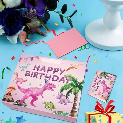 Bolsa de Regalo de Cumpleaños JOCOPUERTO - Bolsa Grande de 13 con Papel de Seda y Tarjeta para Fiesta de Dinosaurios Rosa para Niñas y Niños - imagen 7