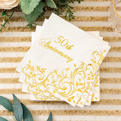 Servilletas de cóctel Crisky de 3 capas con foil dorado para 50 aniversario, desechables, 50 piezas, decoración de fiesta de boda dorada - imagen 2