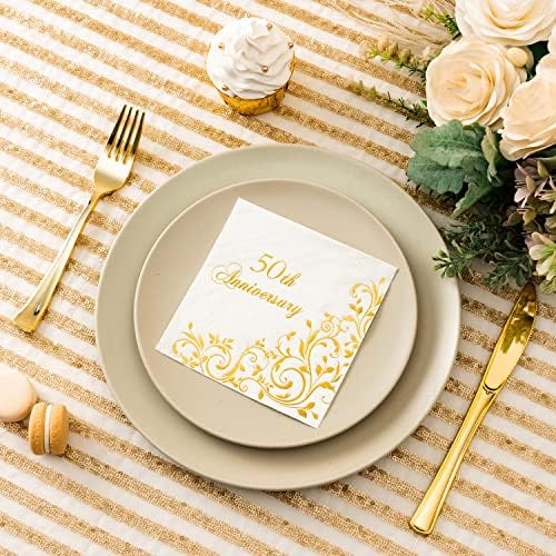 Servilletas de cóctel Crisky de 3 capas con foil dorado para 50 aniversario, desechables, 50 piezas, decoración de fiesta de boda dorada - imagen 3