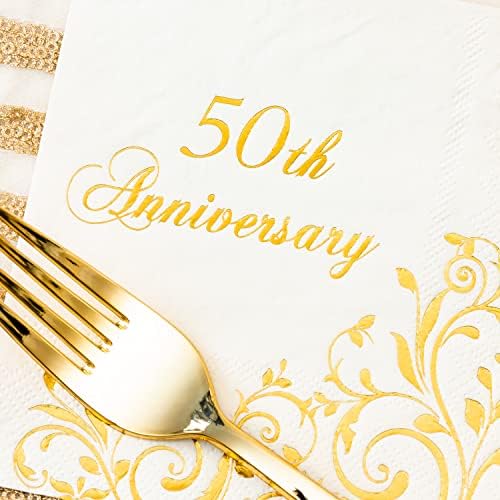 Servilletas de cóctel Crisky de 3 capas con foil dorado para 50 aniversario, desechables, 50 piezas, decoración de fiesta de boda dorada - imagen 4