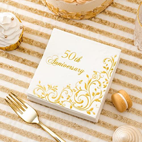 Servilletas de cóctel Crisky de 3 capas con foil dorado para 50 aniversario, desechables, 50 piezas, decoración de fiesta de boda dorada - imagen 5