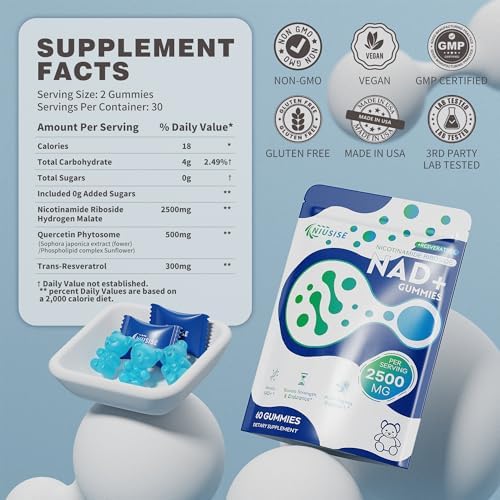Gomitas SIN AZÚCAR NIUSISE NAD, Suplemento de NAD+ con Ribósido de Nicotinamida Liposomal, Resveratrol, Quercetina, Sabor a Arándano, 60 Gomitas - imagen 2