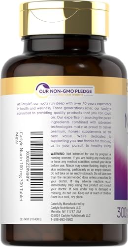 Carlyle Niacina 100mg | 300 Tabletas Vegetarianas | Sin OGM, Libre de Gluten | Fórmula de Alta Potencia - imagen 3