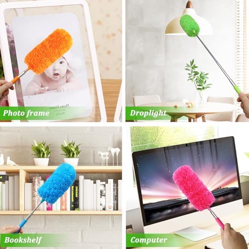 Paquete de 4 Plumero de Microfibra, con Mango Extensible y Cabeza Flexible, Herramienta de Limpieza Lavable para Oficina, Auto, Computadora, Muebles, - imagen 4