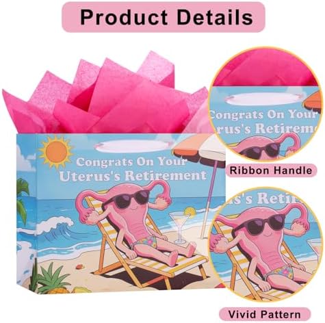 Bolsa de Regalo para Recuperación de Histerectomía bigniuzi - ¡Felicidades por la Jubilación de tu Útero! con Papel de Regalo, Tarjeta de - imagen 5