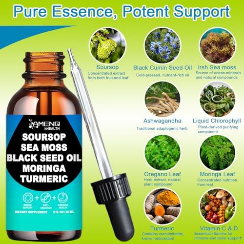 Amargo de Guanábana Líquido - Gotas Orgánicas de Guanábana con Moringa, Orégano, Aceite de Semilla Negra y Extracto de Musgo Marino para Soporte - imagen 2