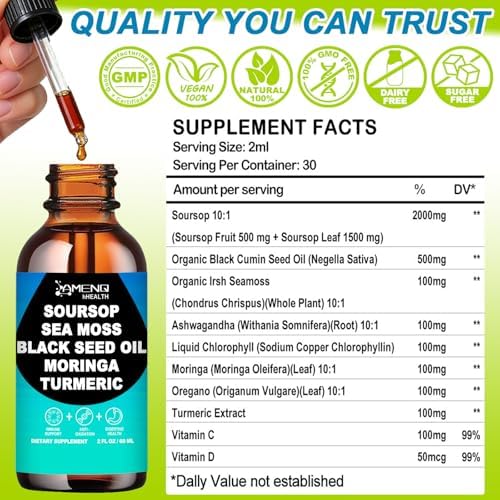 Amargo de Guanábana Líquido - Gotas Orgánicas de Guanábana con Moringa, Orégano, Aceite de Semilla Negra y Extracto de Musgo Marino para Soporte - imagen 7