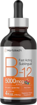 Gotas Vegetales de Vitamina B12 Horbaach 5000 mcg Sublinguales | 4 Fl Oz | Methylcobalamin y Cyanocobalamin | Sabor a Baya | Sin OGM y Sin Gluten - imagen 1