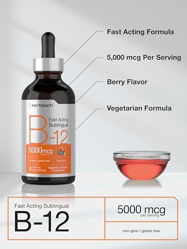 Gotas Vegetales de Vitamina B12 Horbaach 5000 mcg Sublinguales | 4 Fl Oz | Methylcobalamin y Cyanocobalamin | Sabor a Baya | Sin OGM y Sin Gluten - imagen 4