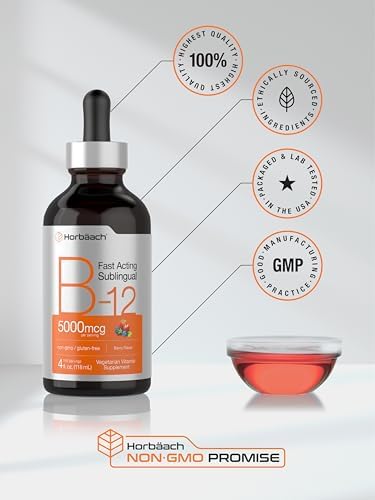 Gotas Vegetales de Vitamina B12 Horbaach 5000 mcg Sublinguales | 4 Fl Oz | Methylcobalamin y Cyanocobalamin | Sabor a Baya | Sin OGM y Sin Gluten - imagen 6
