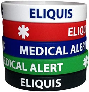 Pulseras de Alerta Médica IDmed Eliquis de Silicón – Paquete de 5 – Pulseras para Adultos (7.8) para Conciencia de Anticoagulantes – Impermeables, - imagen 1