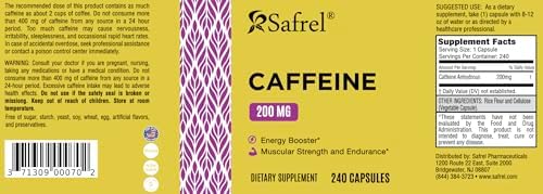 Píldoras de Cafeína Safrel 200mg, 240 Cápsulas - Sin Gluten, No Transgénicas - imagen 5