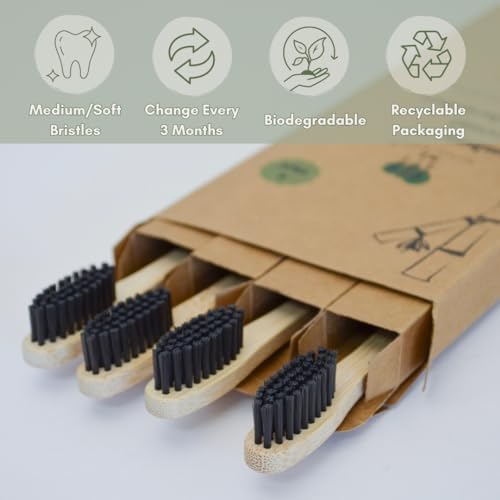 Cepillo de Dientes de Carbón de Bambú ME MOTHER EARTH, Pack de 4, Cerdas Suaves Medias, Biodegradables y Ecológicas, Infundido con Carbón - imagen 5