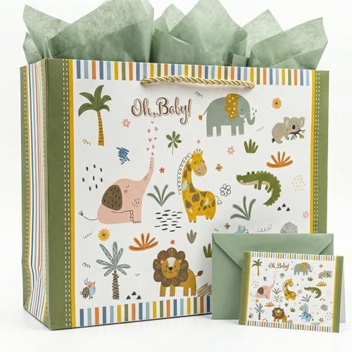 Bolsa de Regalo GFInYHM de 13 con Animales de Safari para Baby Shower Niño, Tema Jungle, Incluye Papel de Regalo, Papel de Seda y Tarjeta - imagen 1
