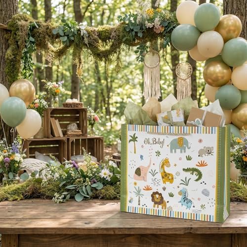 Bolsa de Regalo GFInYHM de 13 con Animales de Safari para Baby Shower Niño, Tema Jungle, Incluye Papel de Regalo, Papel de Seda y Tarjeta - imagen 2