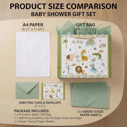 Bolsa de Regalo GFInYHM de 13 con Animales de Safari para Baby Shower Niño, Tema Jungle, Incluye Papel de Regalo, Papel de Seda y Tarjeta - imagen 3