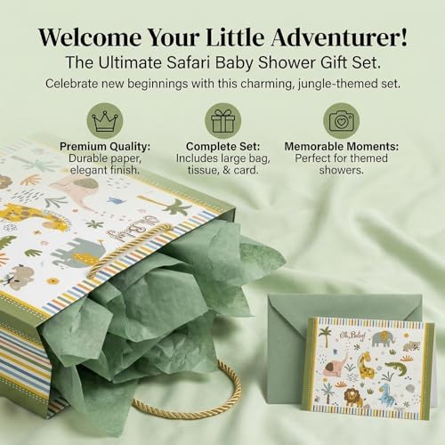 Bolsa de Regalo GFInYHM de 13 con Animales de Safari para Baby Shower Niño, Tema Jungle, Incluye Papel de Regalo, Papel de Seda y Tarjeta - imagen 4