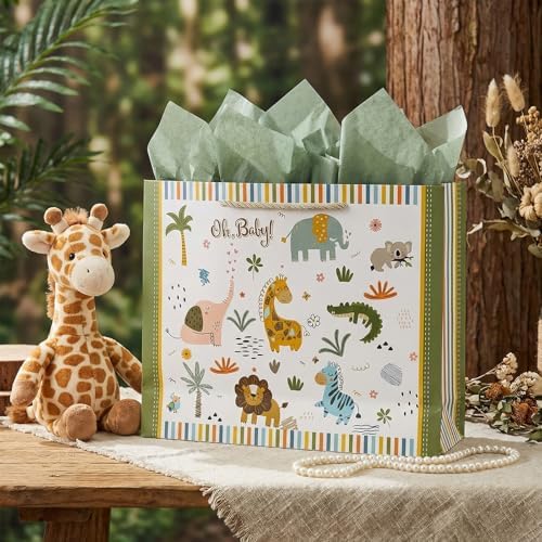 Bolsa de Regalo GFInYHM de 13 con Animales de Safari para Baby Shower Niño, Tema Jungle, Incluye Papel de Regalo, Papel de Seda y Tarjeta - imagen 5
