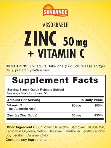 Sundance Zinc Absorbible con Vitamina C | 50mg | 50 Cápsulas Blandas | Nutrientes Esenciales | Suplemento Sin OGM y Libre de Gluten - imagen 2
