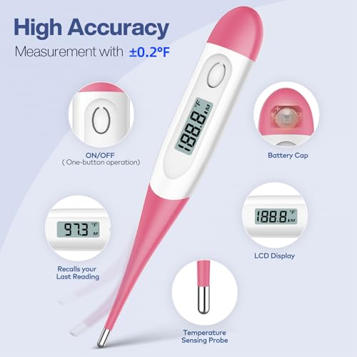 Termómetro Oral Boncare 10 Segundos para Adultos y Niños - Termómetro Rectal Seguro y Preciso para Bebés con Alarma de Fiebre, Digital (Rosa) - imagen 3