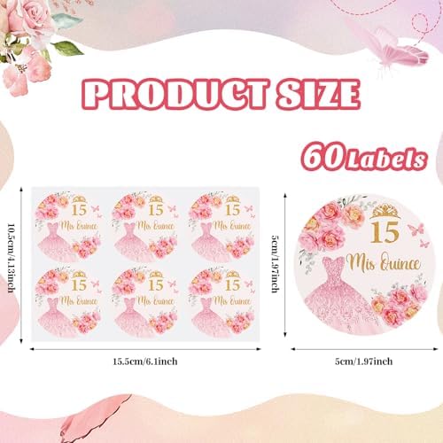 60 Piezas de Stickers Mis Quince, Stickers para Fiestas de Quinceañera, Recuerdos y Decoraciones para 15 Años - imagen 2