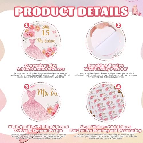 60 Piezas de Stickers Mis Quince, Stickers para Fiestas de Quinceañera, Recuerdos y Decoraciones para 15 Años - imagen 3