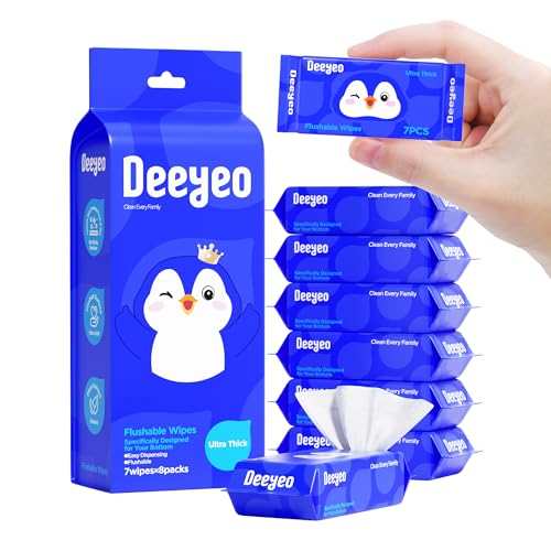 Toallitas Desechables Deeyeo para Viaje 99% Agua Purificada EDI para Piel Sensible, Sin Fragancia, Hipoalergénicas, Seguras para Drenaje, 8 Paquetes - imagen 1