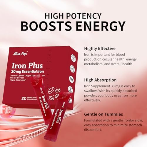 Suplemento de Hierro Miss Pep, 30 mg para Hombres y Mujeres, Promueve la Producción de Glóbulos Rojos, Apoya la Deficiencia de Hierro, 20 Sobres - imagen 2