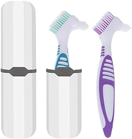 Cepillo para Dentaduras Geodurn, 2 Piezas con Estuche Blanco, Cerdas Multicapa Verde y Morado, Mango de Goma Ergonómico para Limpieza de Prótesis - imagen 1