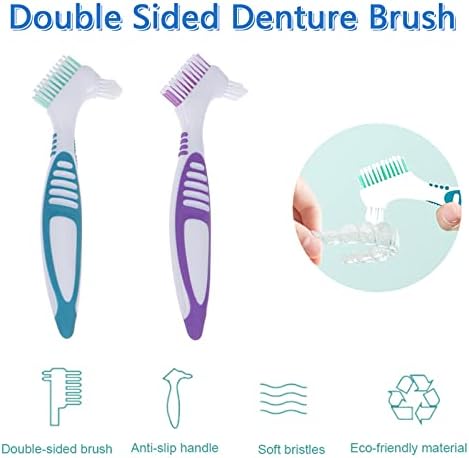 Cepillo para Dentaduras Geodurn, 2 Piezas con Estuche Blanco, Cerdas Multicapa Verde y Morado, Mango de Goma Ergonómico para Limpieza de Prótesis - imagen 4