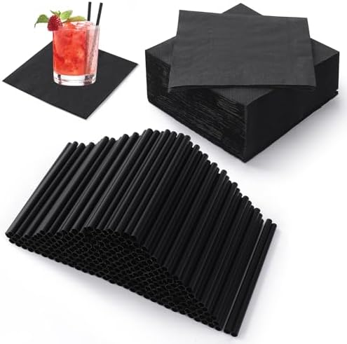 Set de 300 Popotes y Servilletas de Cóctel - Popotes de Plástico Desechables Negros de 5 Pulgadas y Servilletas de Papel de 4.5x4.5 para Bar, Fiesta - imagen 1